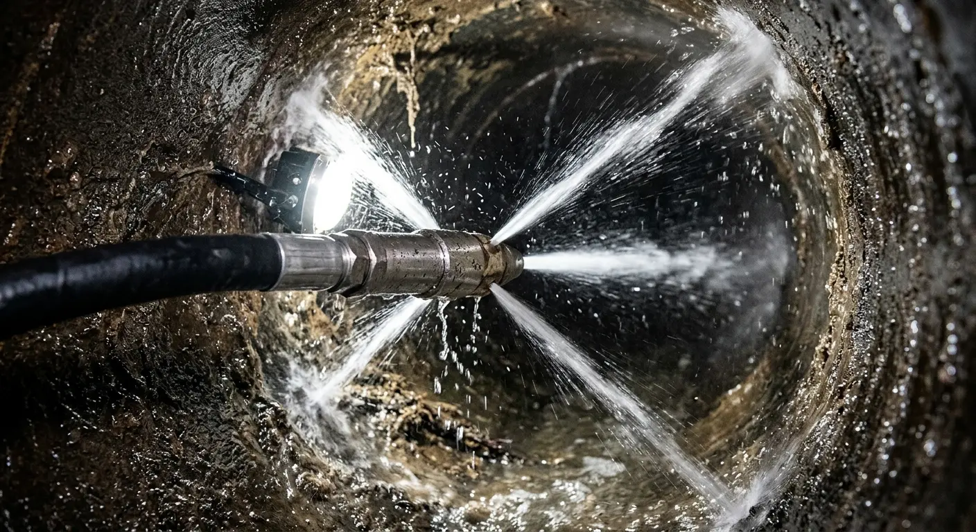 High-pressure hydro jetting nozzle cleaning sewer pipe for Emergency Drain Service in Steilacoom