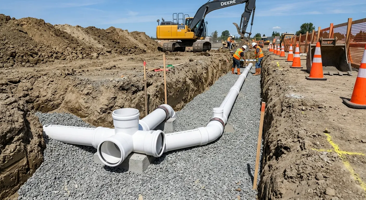 New PVC sewer pipe installation in open trench for Grease Trap Cleaning in Steilacoom