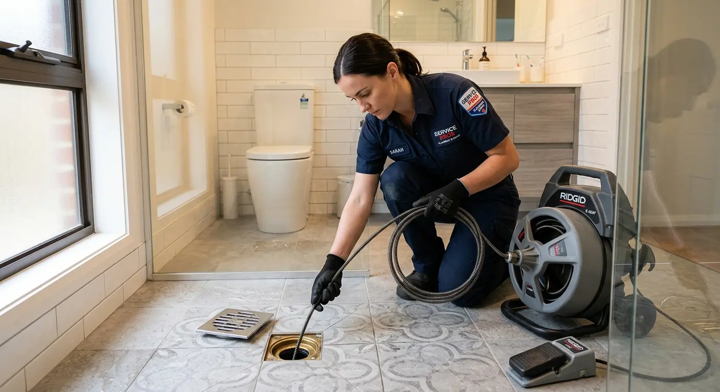 Technician clearing a bathroom floor drain for Clogged Drain Repair in Steilacoom